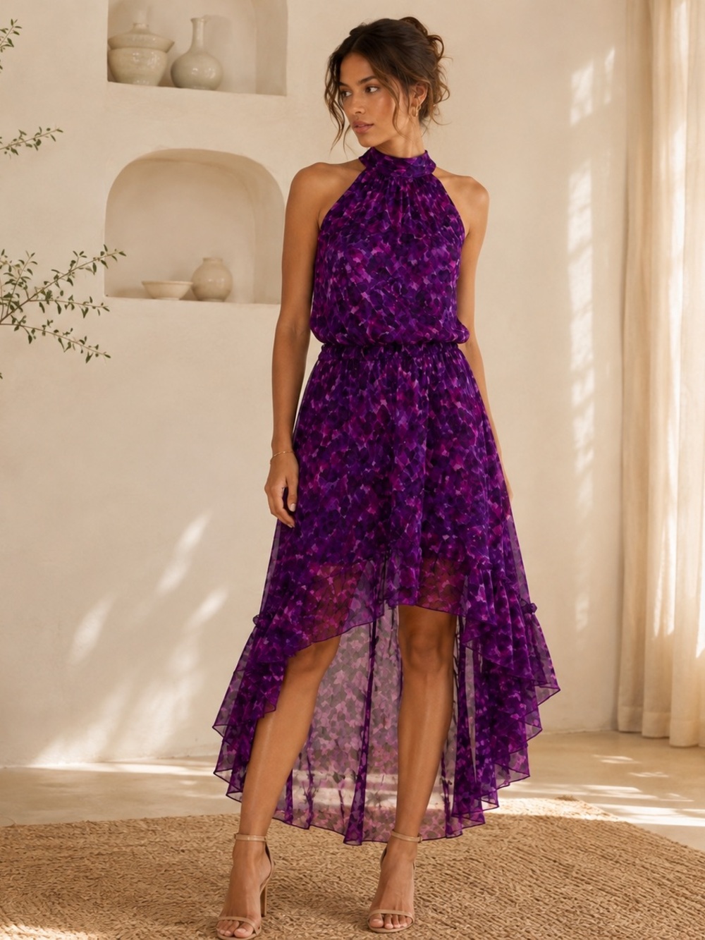 RAMY BROOK Designer Silk Blend Cocktail Halter Dress – Size Large NWOT